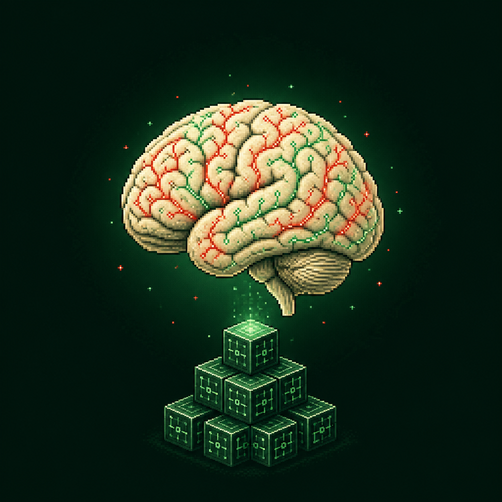 Pixel-art brain laced with glowing circuit synapses, floating above a stack of blockchain blocks